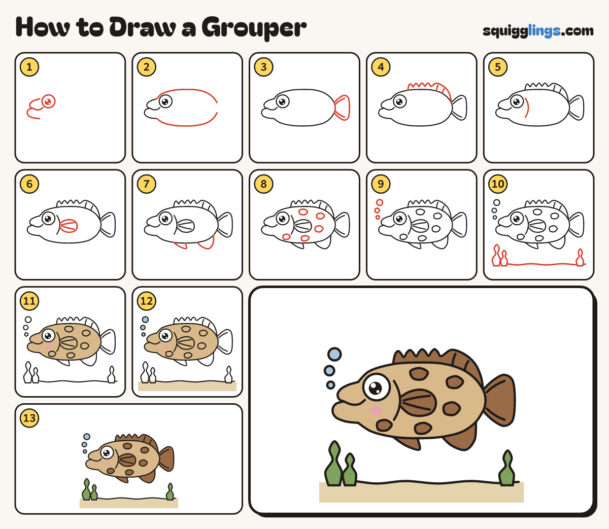 How to Draw a Grouper step by step: all 13 steps in one picture