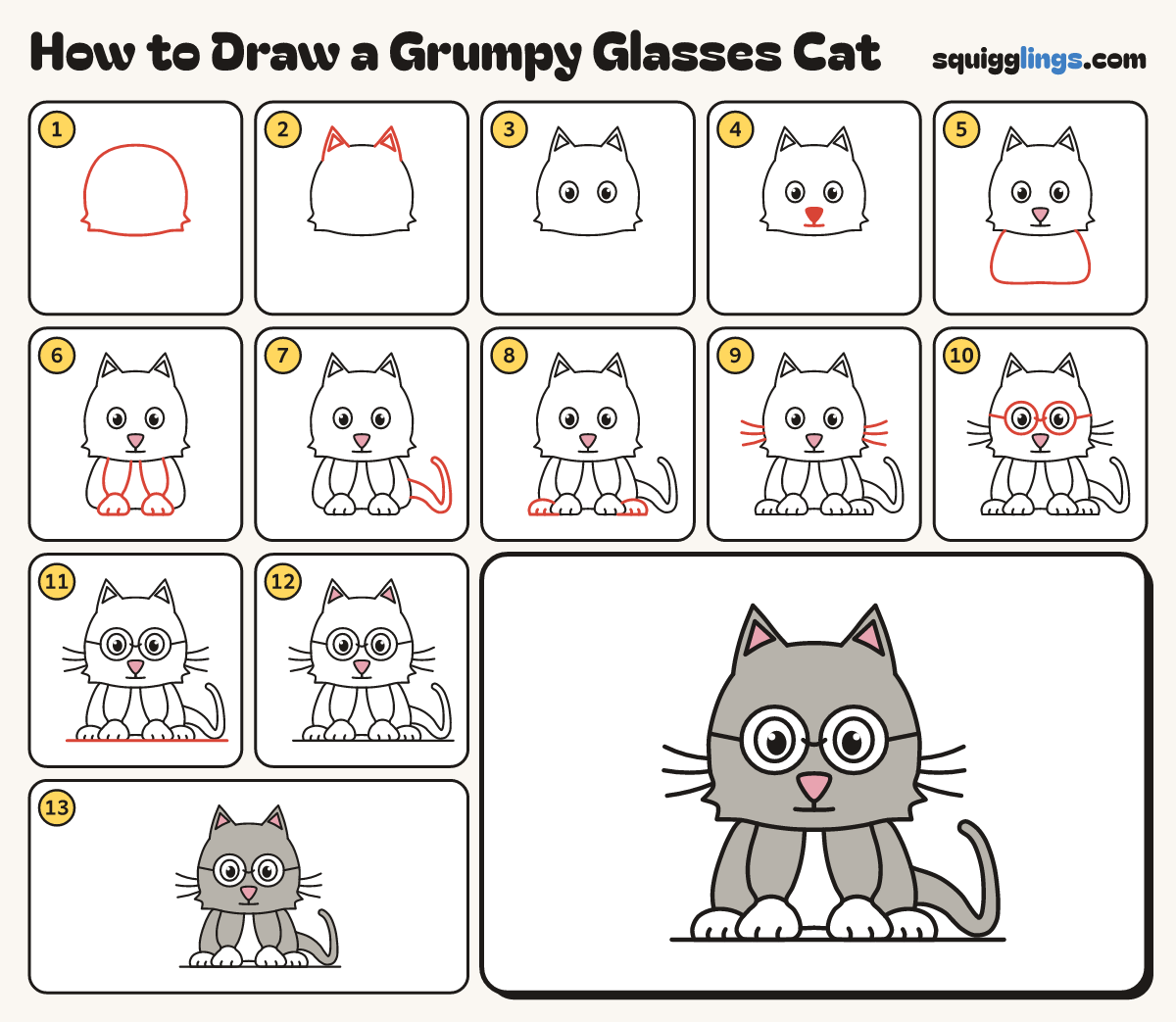 How to Draw a Grumpy Glasses Cat step by step: all 13 steps in one picture