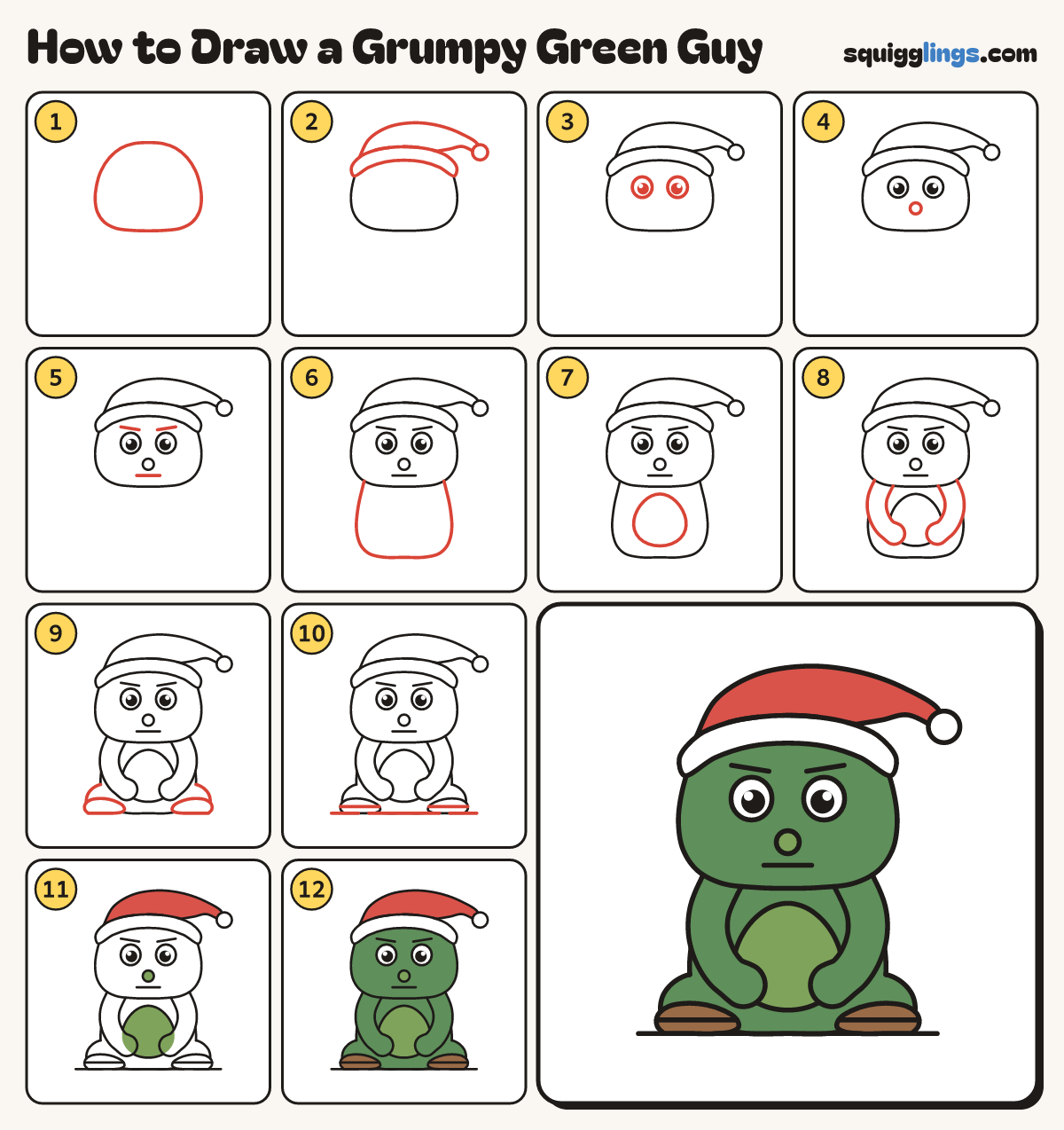 How to Draw a Grumpy Green Guy step by step: all 12 steps in one picture
