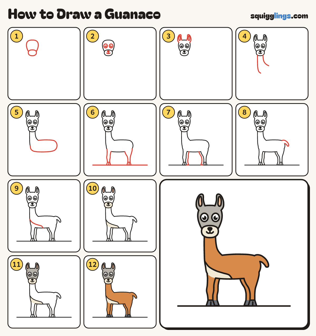 How to Draw a Guanaco step by step: all 12 steps in one picture