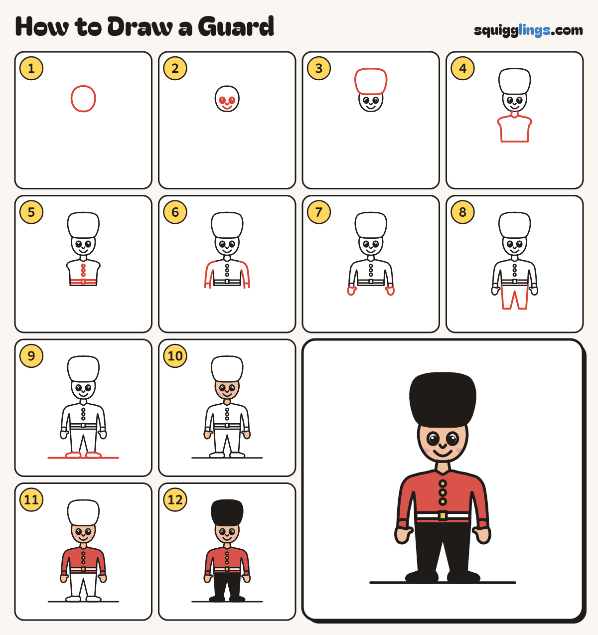 How to Draw a Guard step by step: all 12 steps in one picture