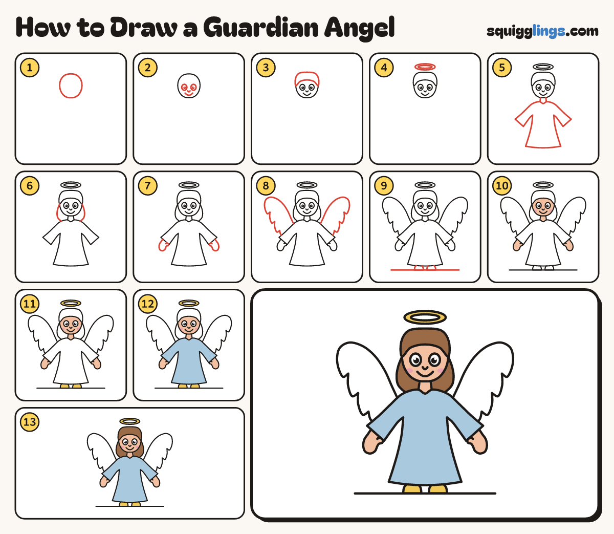 How to Draw a Guardian Angel step by step: all 13 steps in one picture