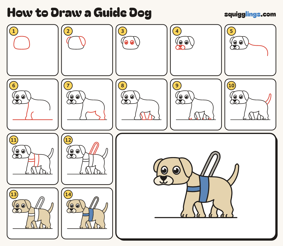 How to Draw a Guide Dog step by step: all 14 steps in one picture