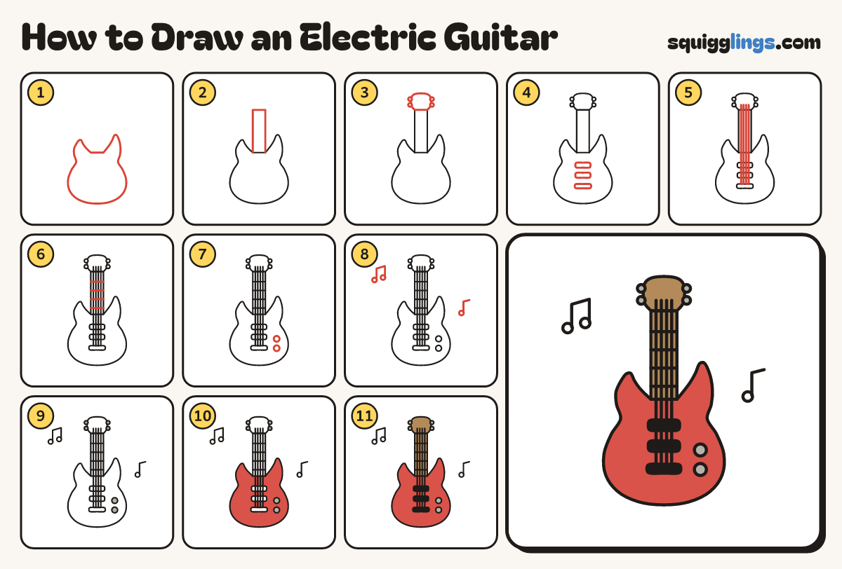 How to Draw an Electric Guitar step by step: all 11 steps in one picture