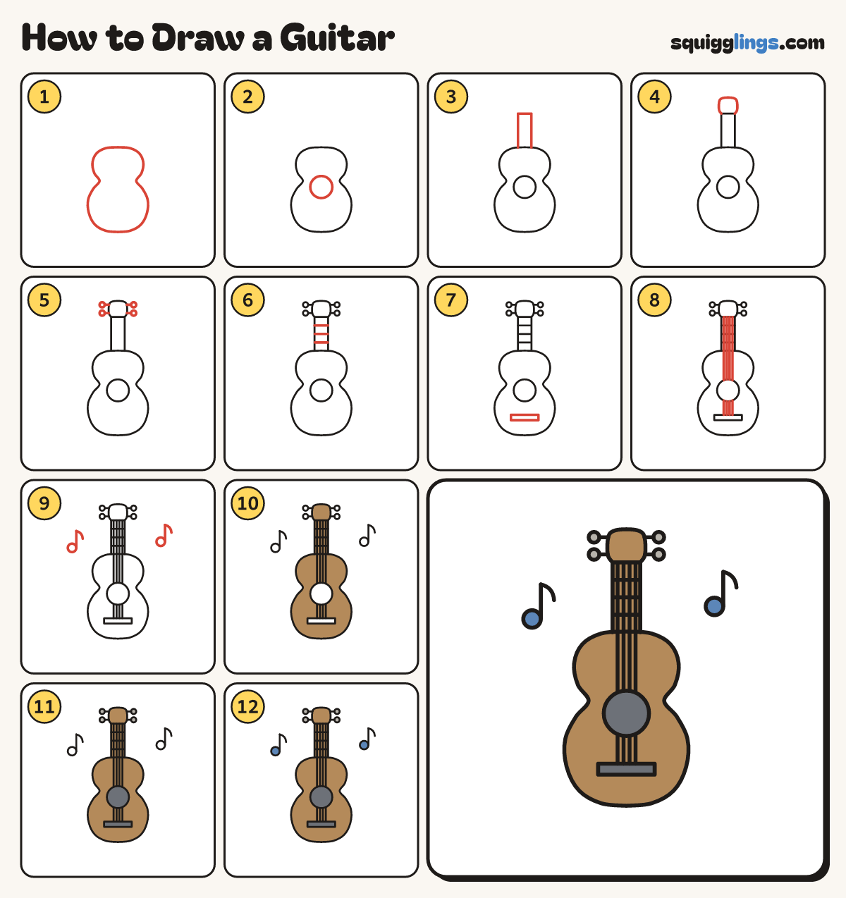 How to Draw a Guitar step by step: all 12 steps in one picture