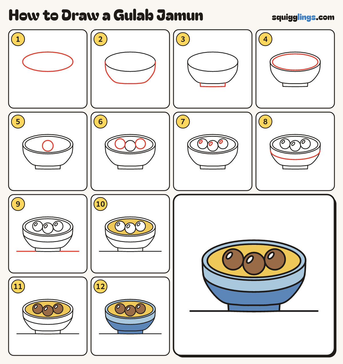 How to Draw a Gulab Jamun step by step: all 12 steps in one picture