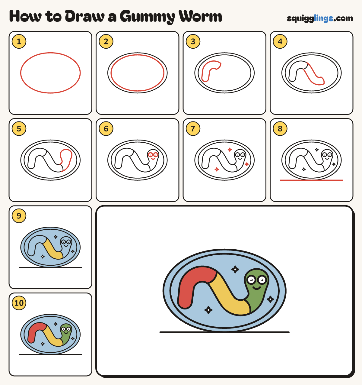 How to Draw a Gummy Worm step by step: all 10 steps in one picture