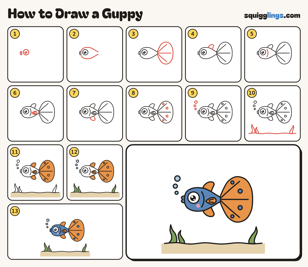 How to Draw a Guppy step by step: all 13 steps in one picture