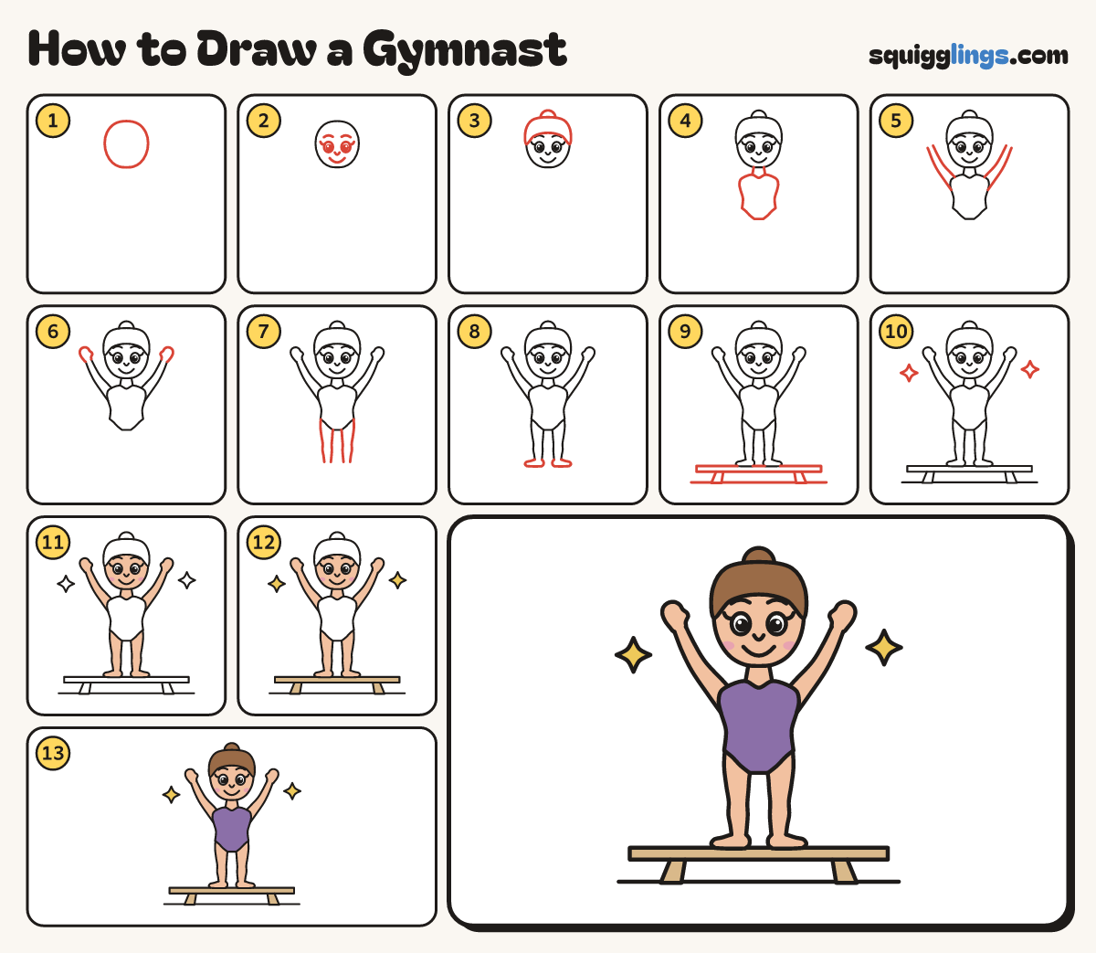 How to Draw a Gymnast step by step: all 13 steps in one picture