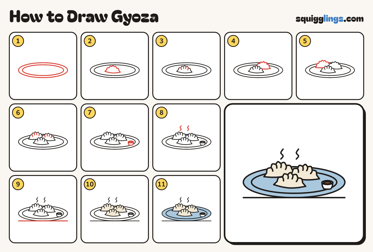 How to Draw Gyoza step by step: all 11 steps in one picture
