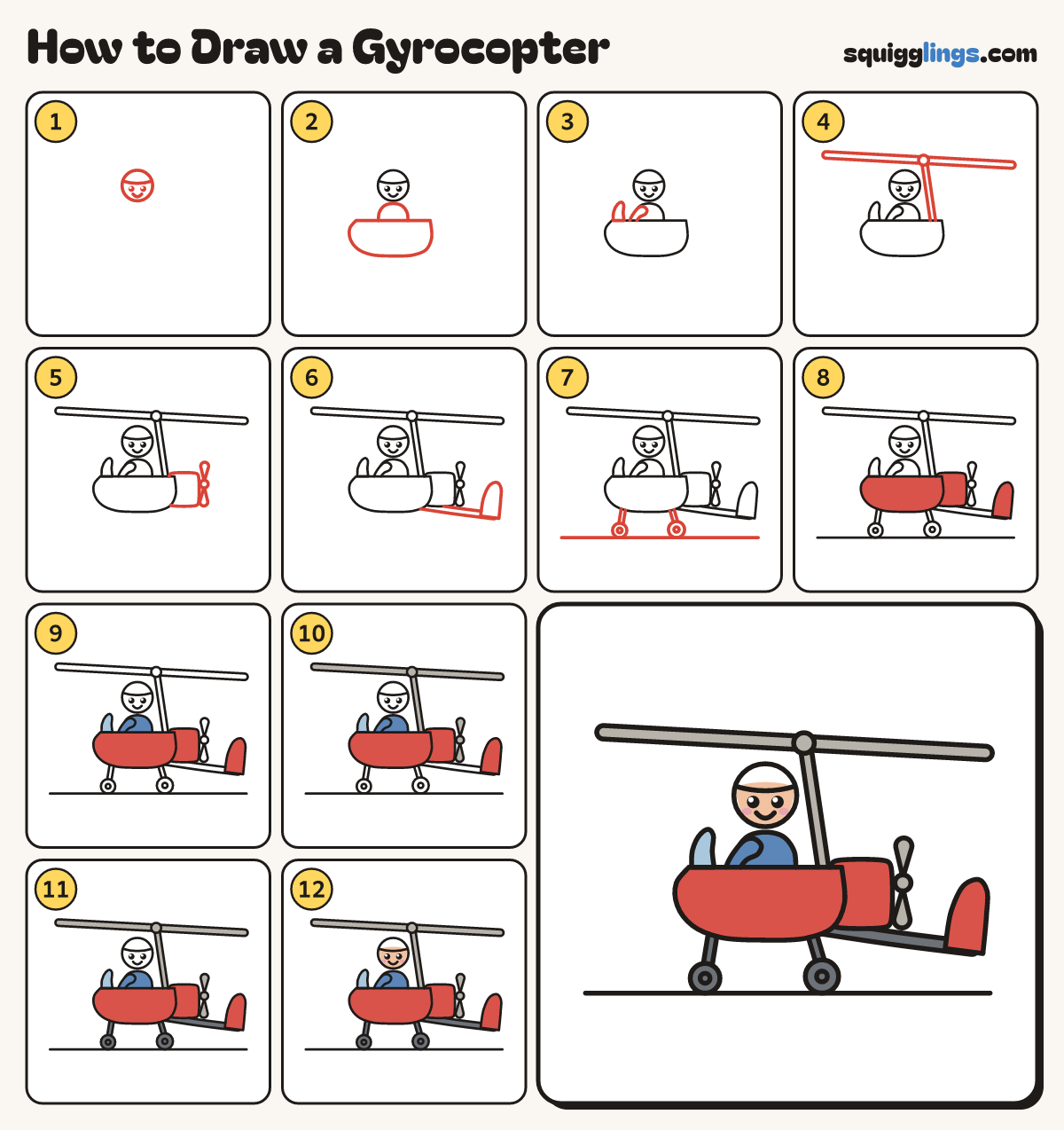 How to Draw a Gyrocopter step by step: all 12 steps in one picture