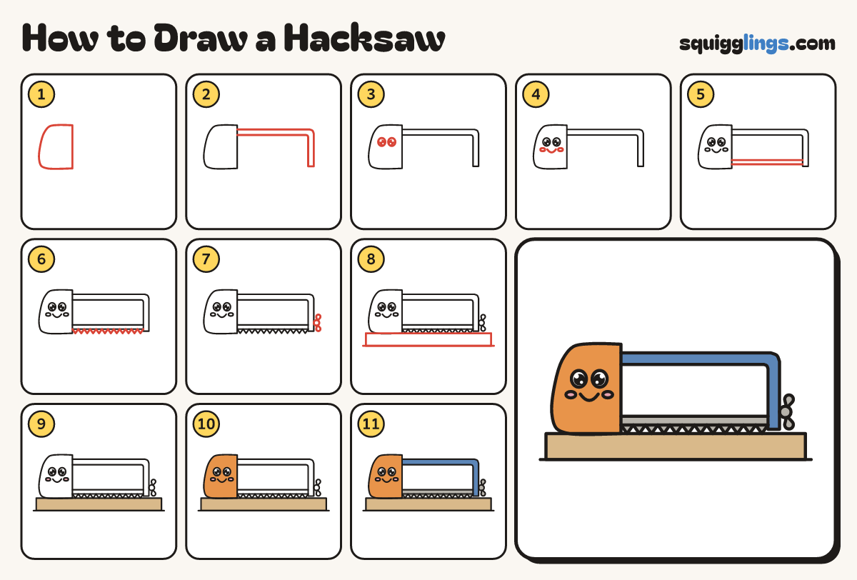 How to Draw a Hacksaw step by step: all 11 steps in one picture