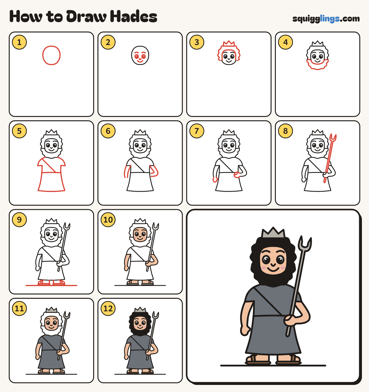 How to Draw Hades step by step: all 12 steps in one picture