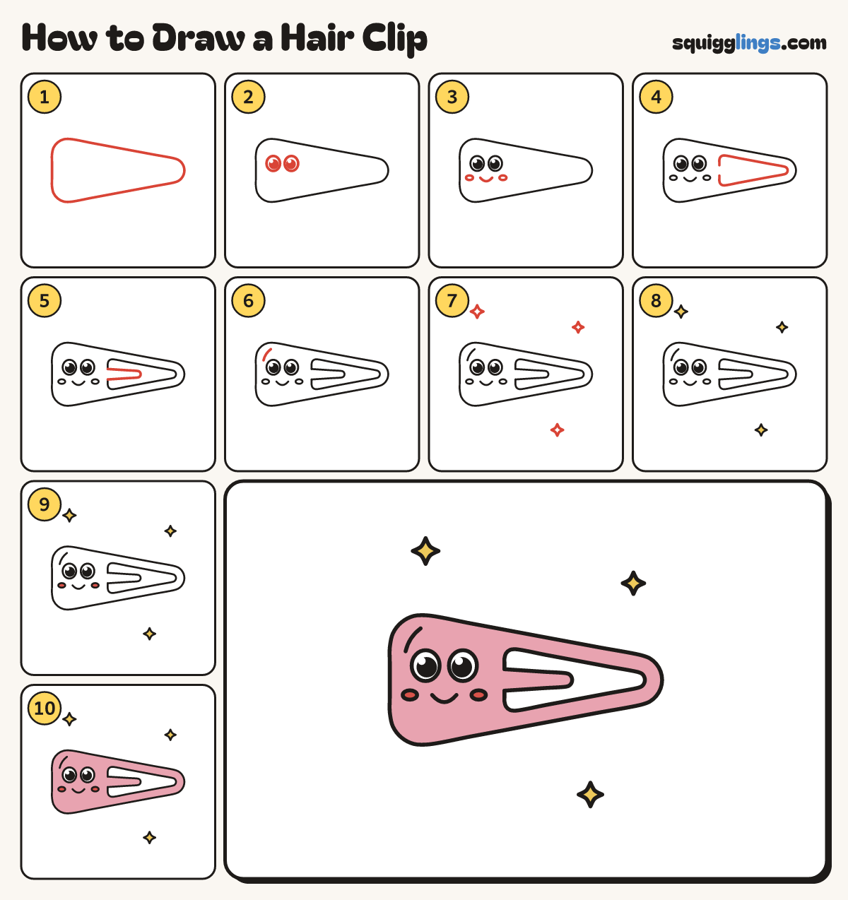How to Draw a Hair Clip step by step: all 10 steps in one picture