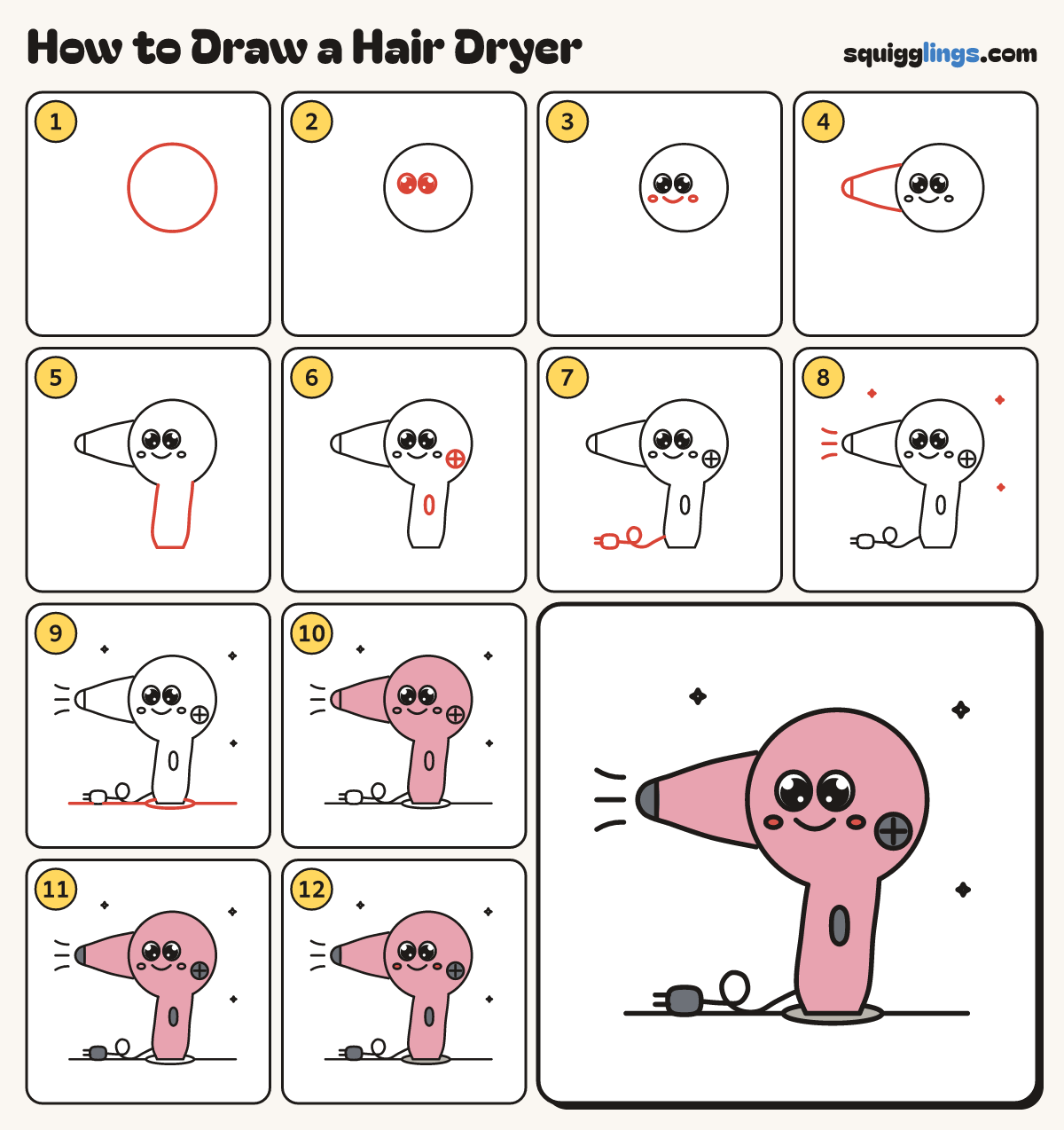 How to Draw a Hair Dryer step by step: all 12 steps in one picture