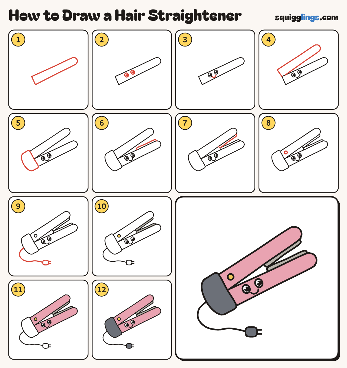 How to Draw a Hair Straightener step by step: all 12 steps in one picture