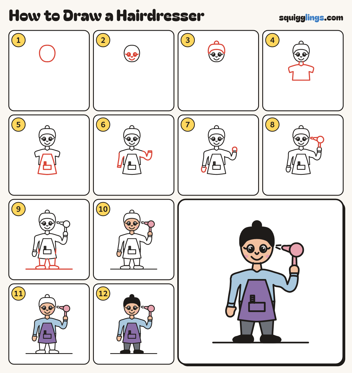 How to Draw a Hairdresser step by step: all 12 steps in one picture