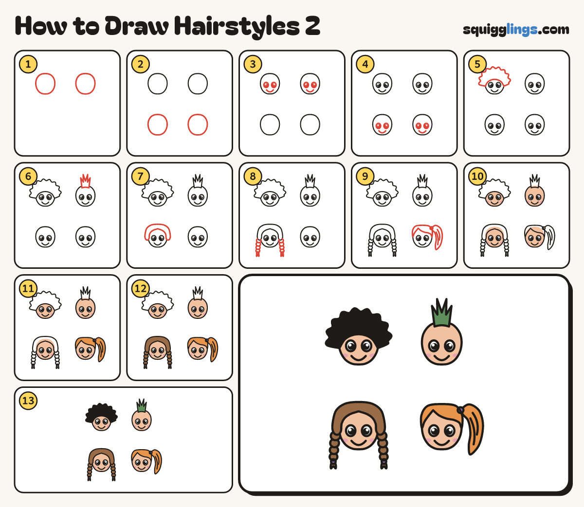 How to Draw Hairstyles 2 step by step: all 13 steps in one picture