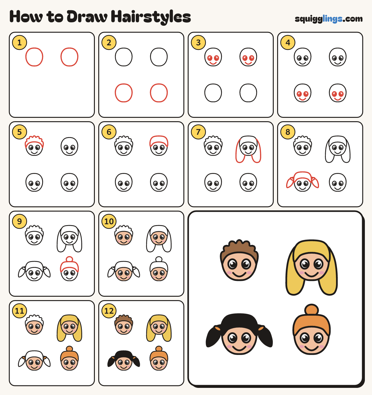 How to Draw Hairstyles step by step: all 12 steps in one picture