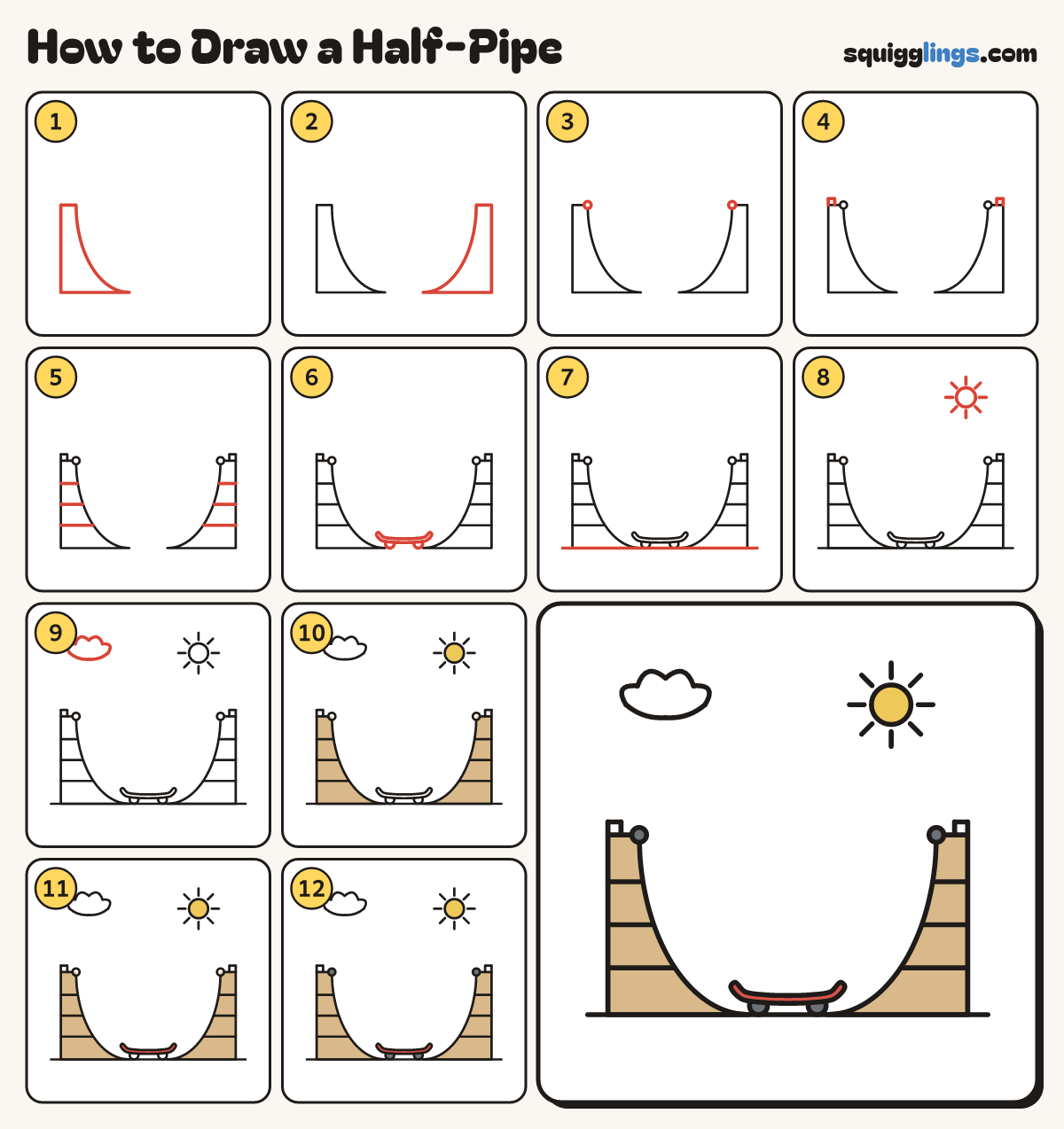 How to Draw a Half-Pipe step by step: all 12 steps in one picture