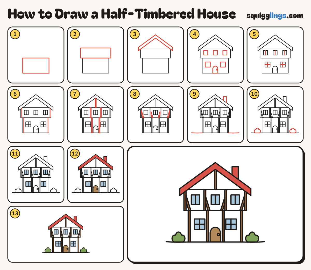How to Draw a Half-Timbered House step by step: all 13 steps in one picture