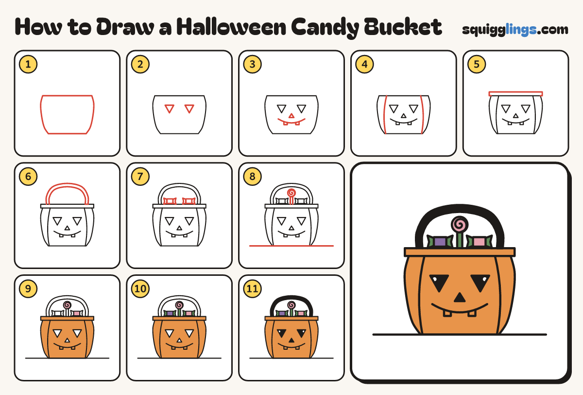 How to Draw a Halloween Candy Bucket step by step: all 11 steps in one picture