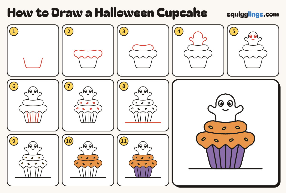 How to Draw a Halloween Cupcake step by step: all 11 steps in one picture