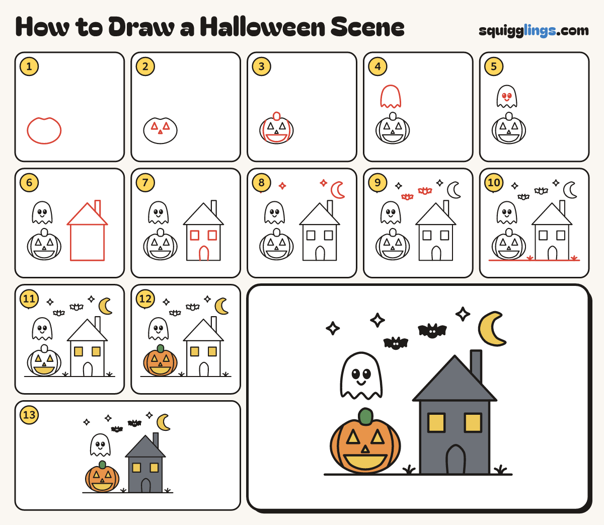 How to Draw a Halloween Scene step by step: all 13 steps in one picture