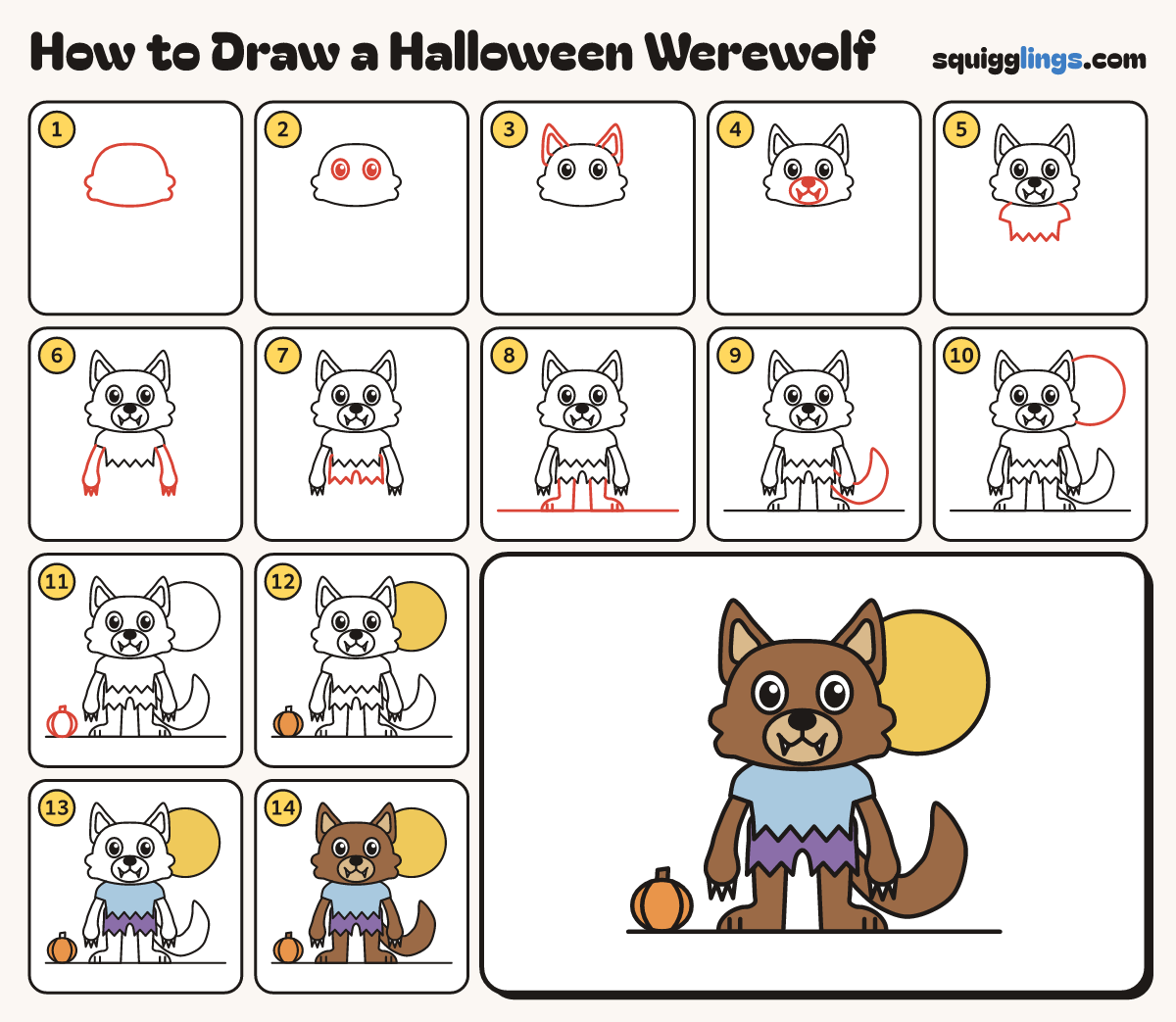 How to Draw a Halloween Werewolf step by step: all 14 steps in one picture