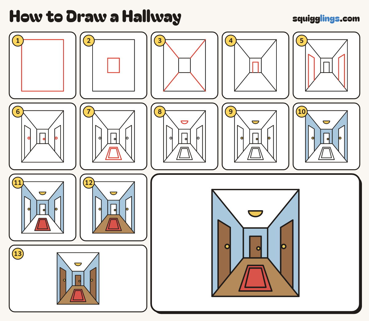 How to Draw a Hallway step by step: all 13 steps in one picture