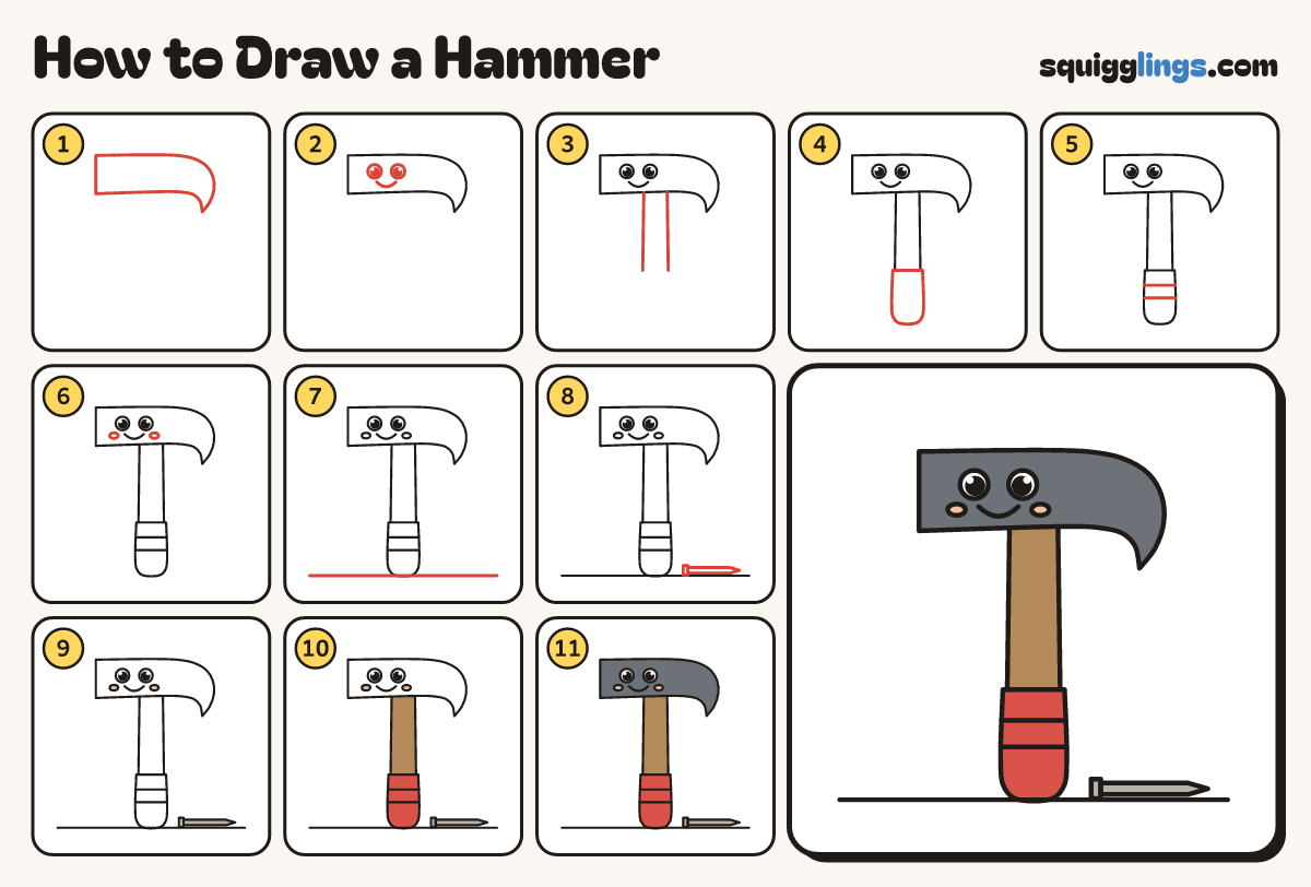 How to Draw a Hammer step by step: all 11 steps in one picture
