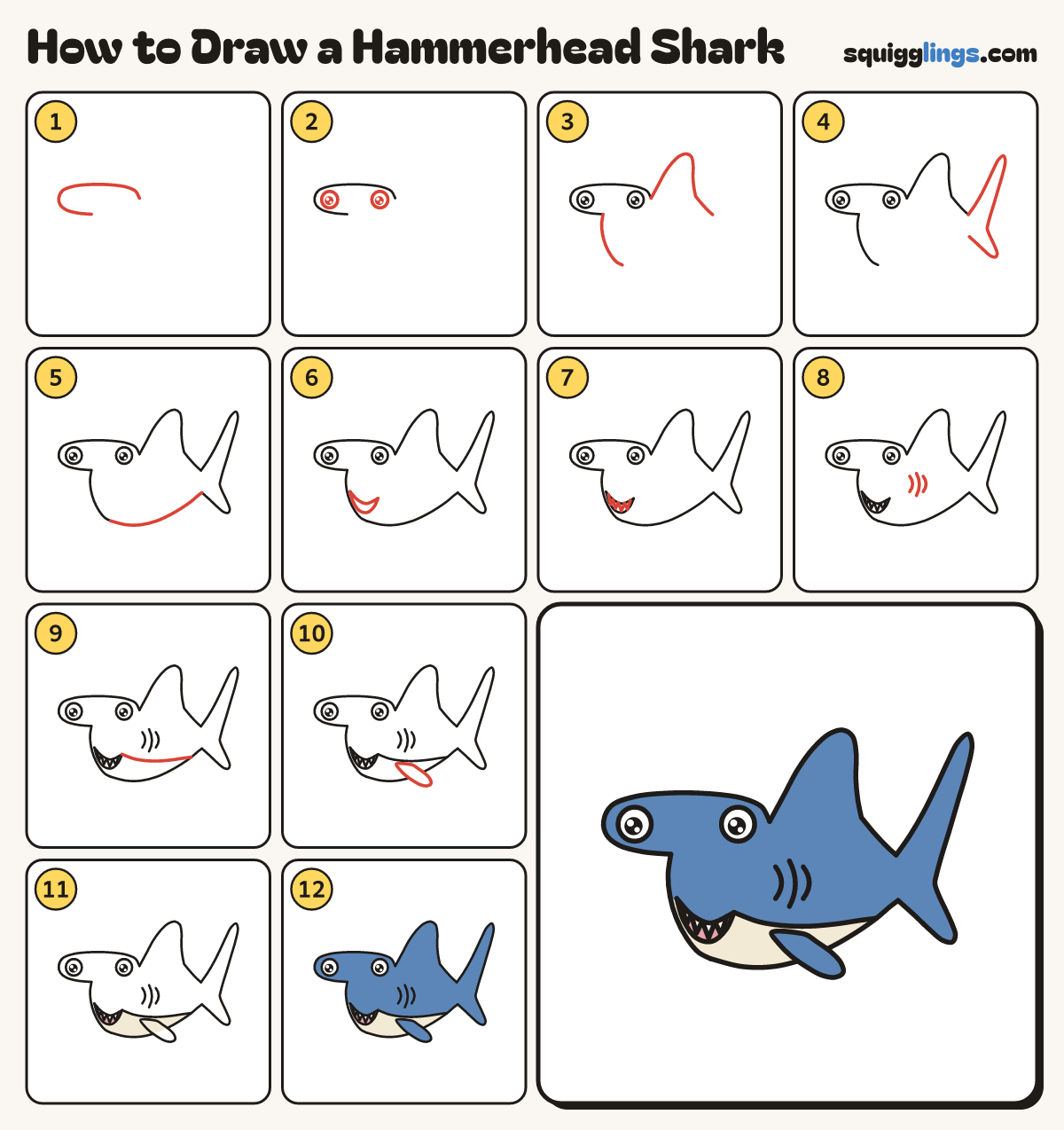 How to Draw a Hammerhead Shark step by step: all 12 steps in one picture