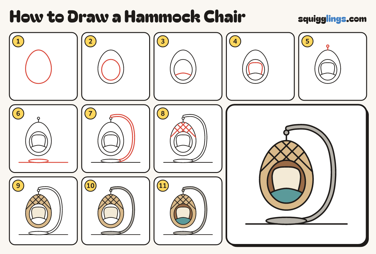 How to Draw a Hammock Chair step by step: all 11 steps in one picture
