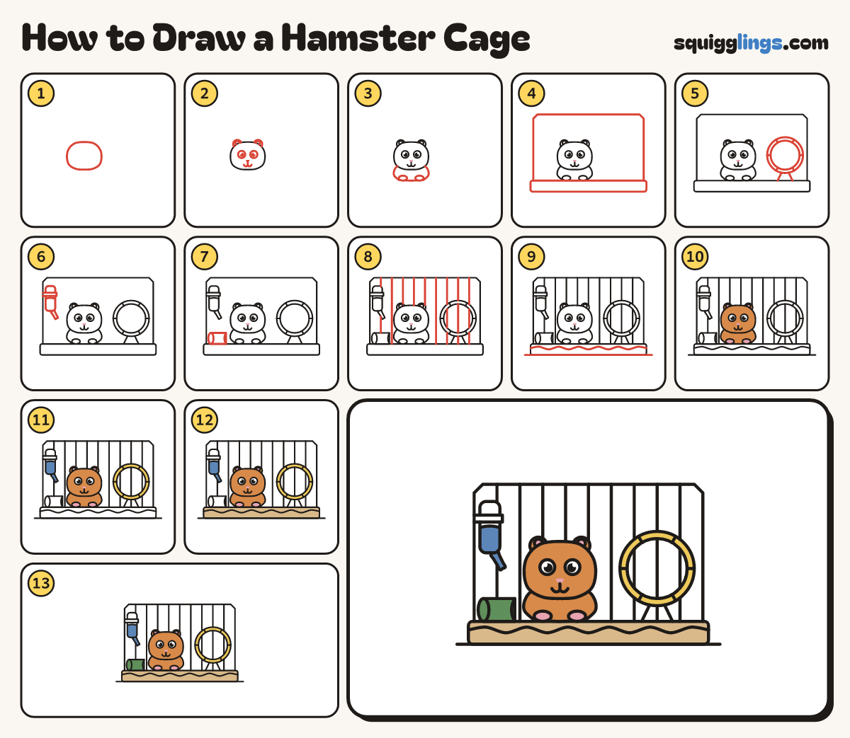 How to Draw a Hamster Cage step by step: all 13 steps in one picture