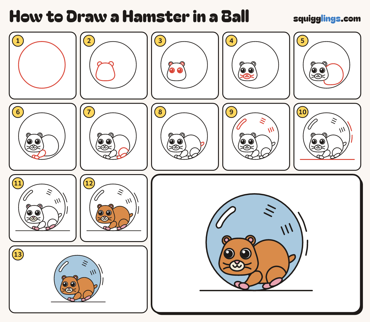 How to Draw a Hamster in a Ball step by step: all 13 steps in one picture