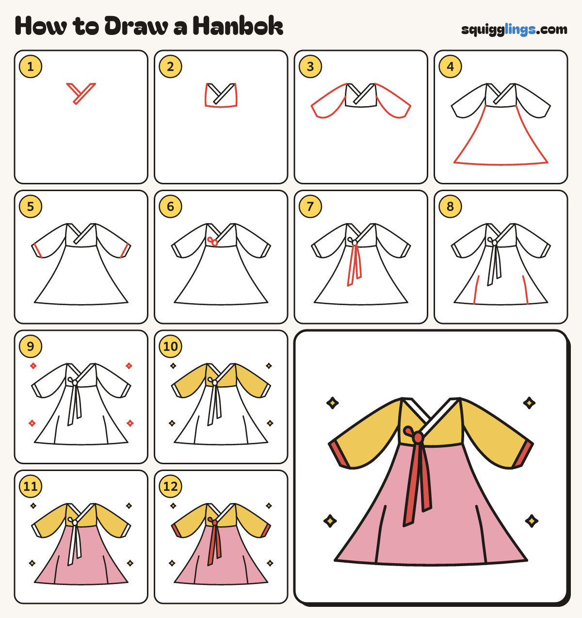 How to Draw a Hanbok step by step: all 12 steps in one picture