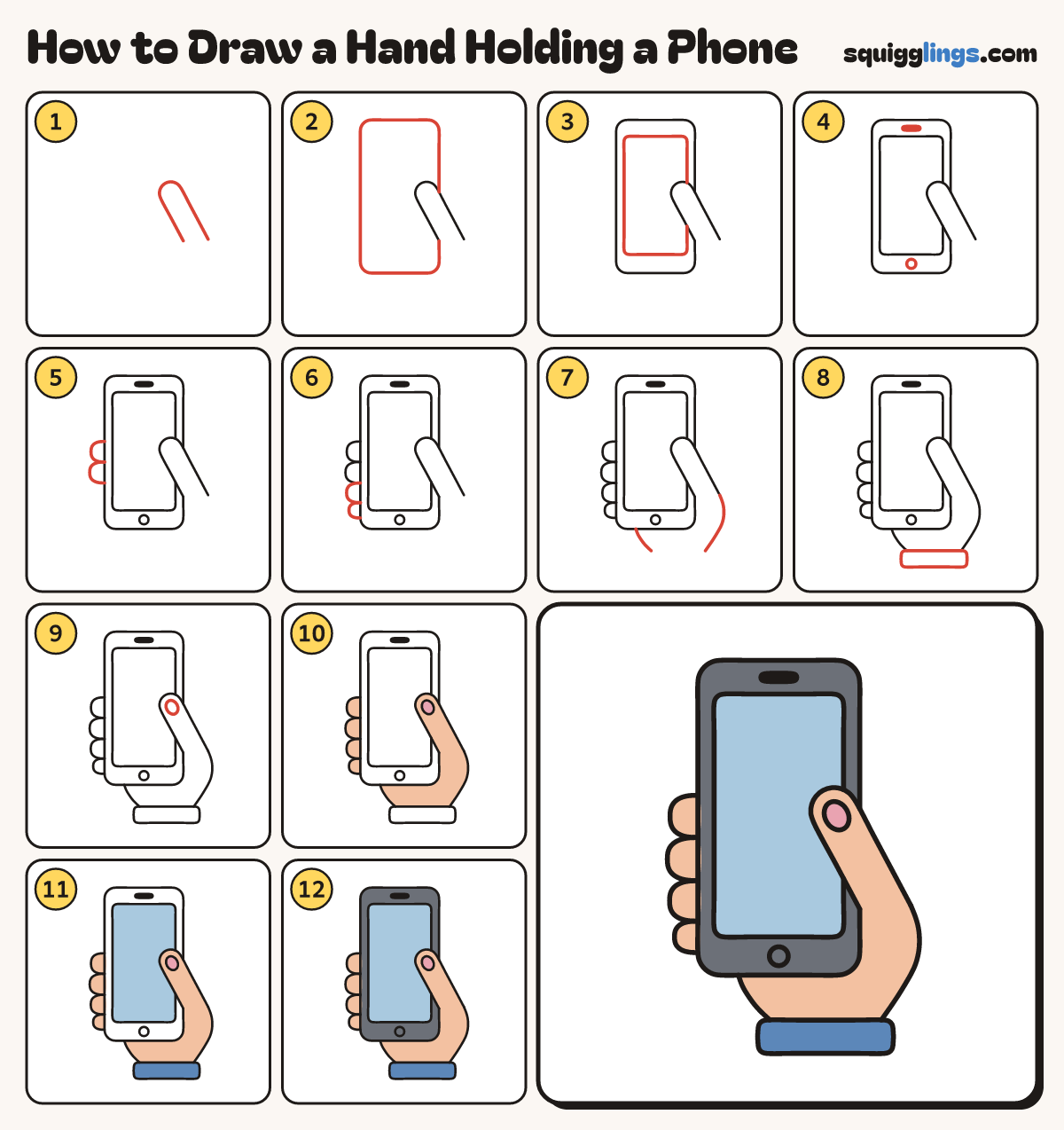 How to Draw a Hand Holding a Phone step by step: all 12 steps in one picture