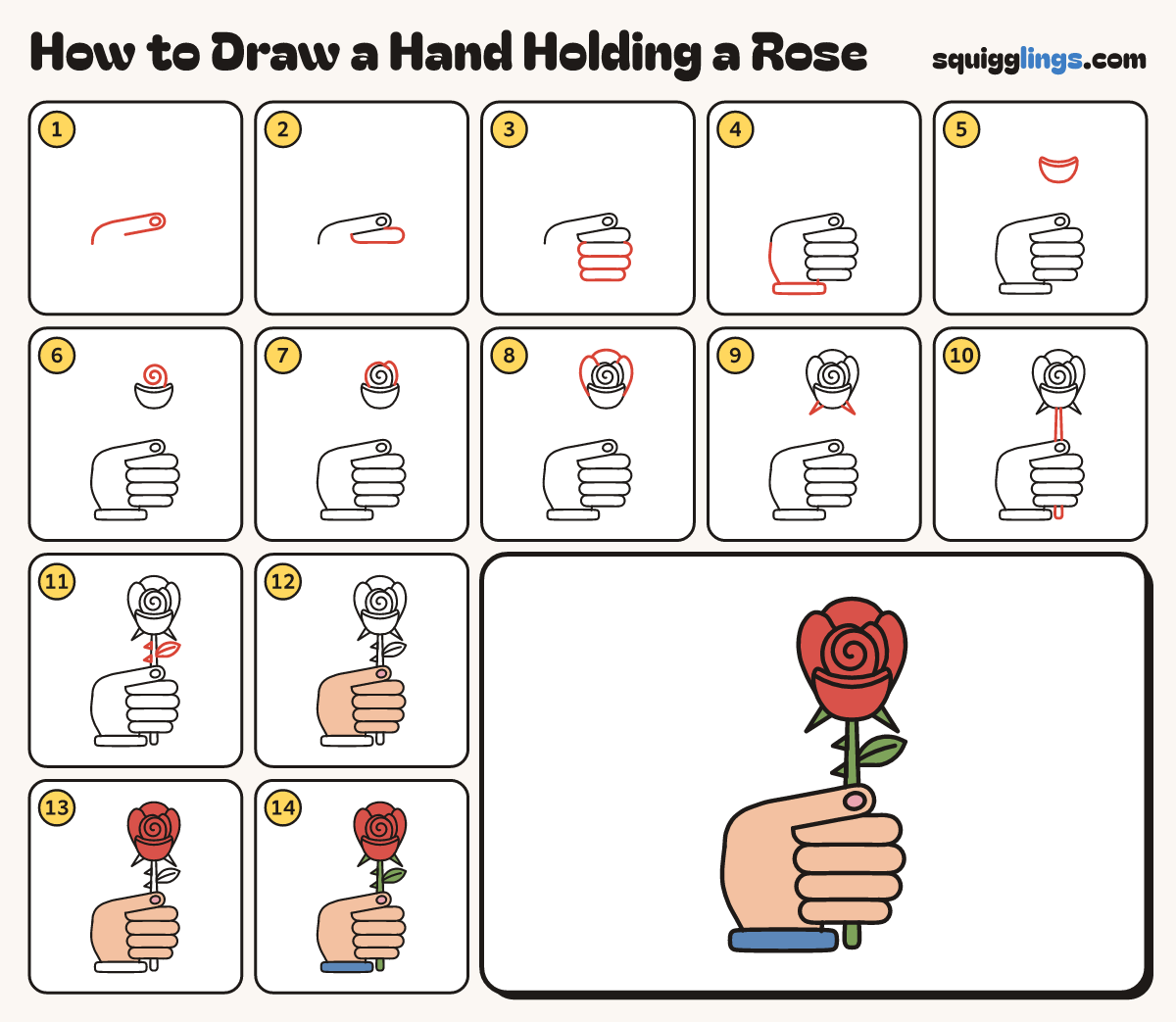 How to Draw a Hand Holding a Rose step by step: all 14 steps in one picture
