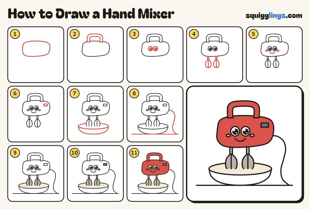 How to Draw a Hand Mixer step by step: all 11 steps in one picture