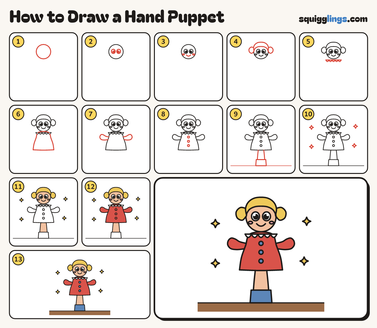 How to Draw a Hand Puppet step by step: all 13 steps in one picture