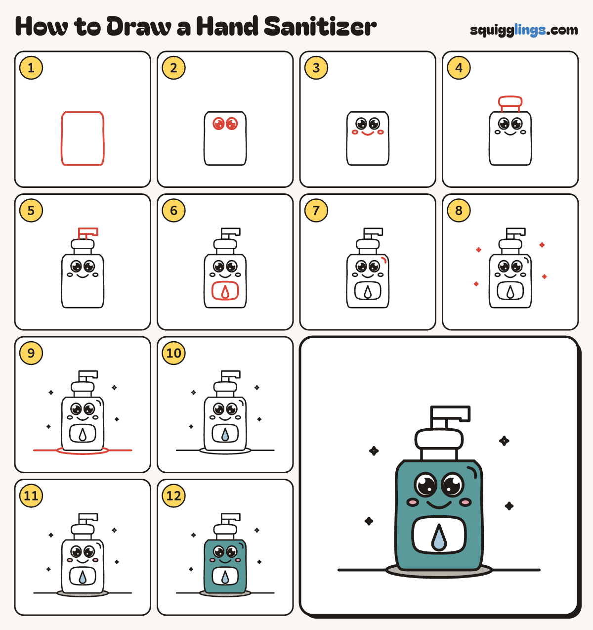 How to Draw a Hand Sanitizer step by step: all 12 steps in one picture