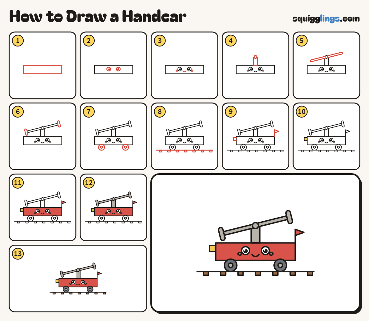 How to Draw a Handcar step by step: all 13 steps in one picture
