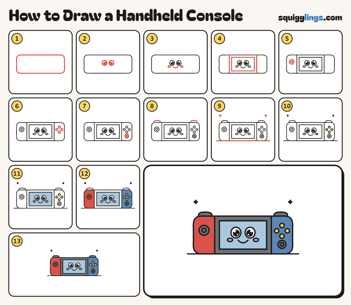 How to Draw a Handheld Console step by step: all 13 steps in one picture