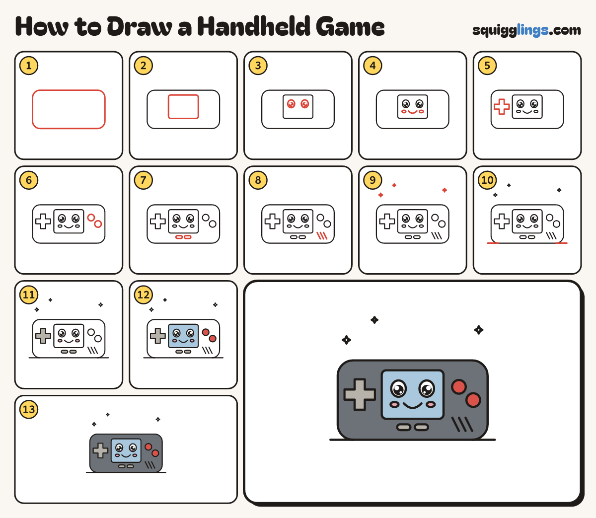 How to Draw a Handheld Game step by step: all 13 steps in one picture