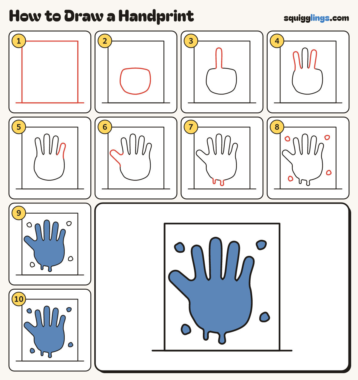 How to Draw a Handprint step by step: all 10 steps in one picture
