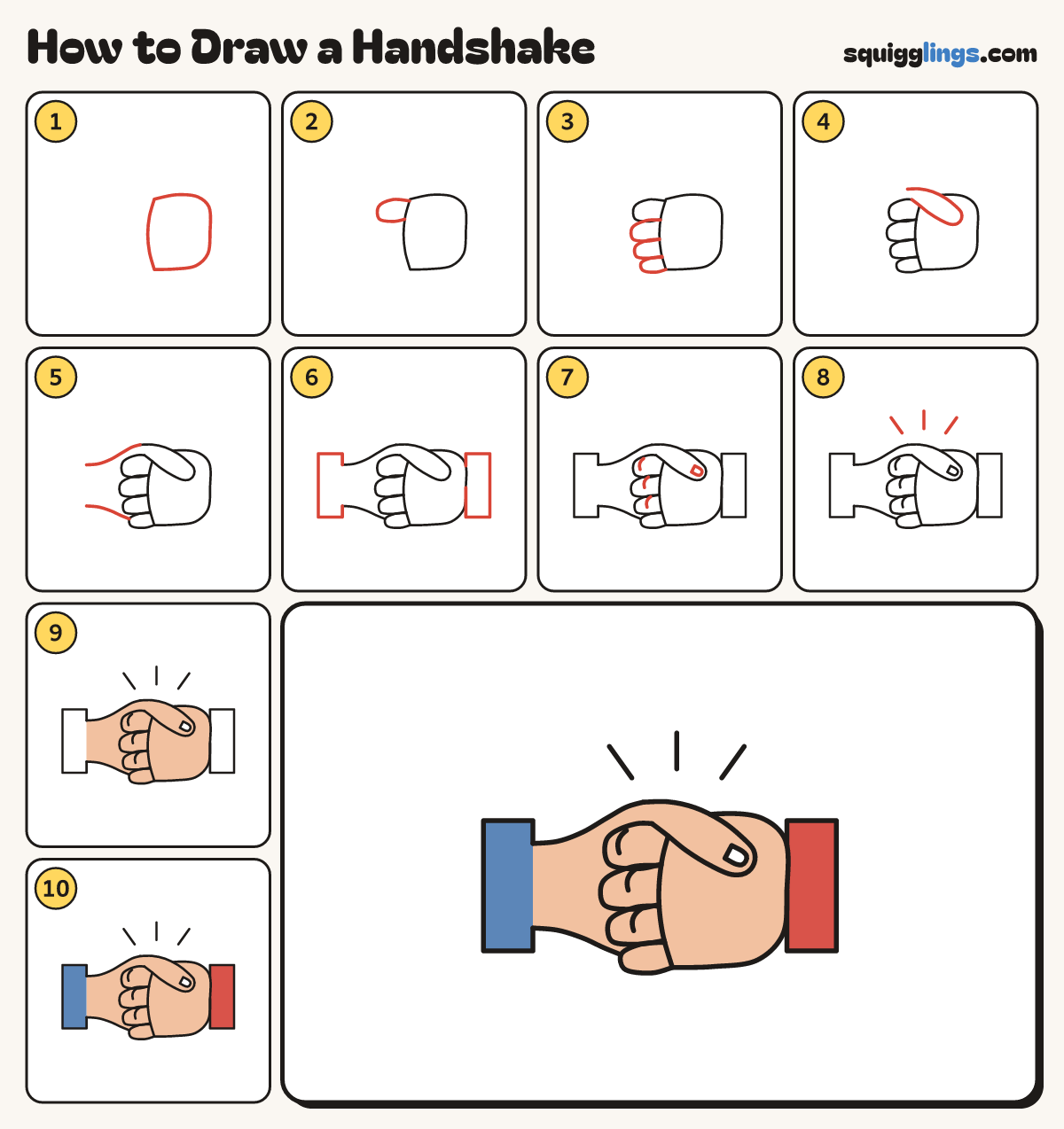 How to Draw a Handshake step by step: all 10 steps in one picture