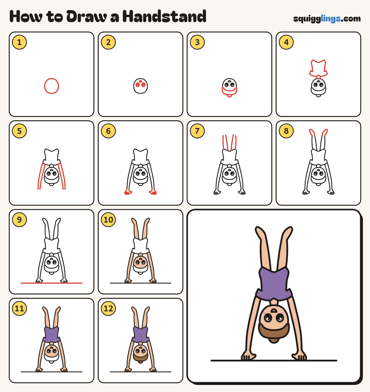 How to Draw a Handstand step by step: all 12 steps in one picture