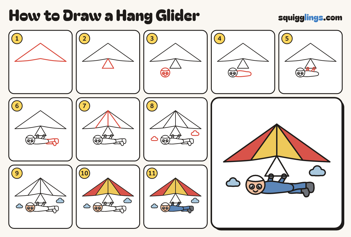 How to Draw a Hang Glider step by step: all 11 steps in one picture