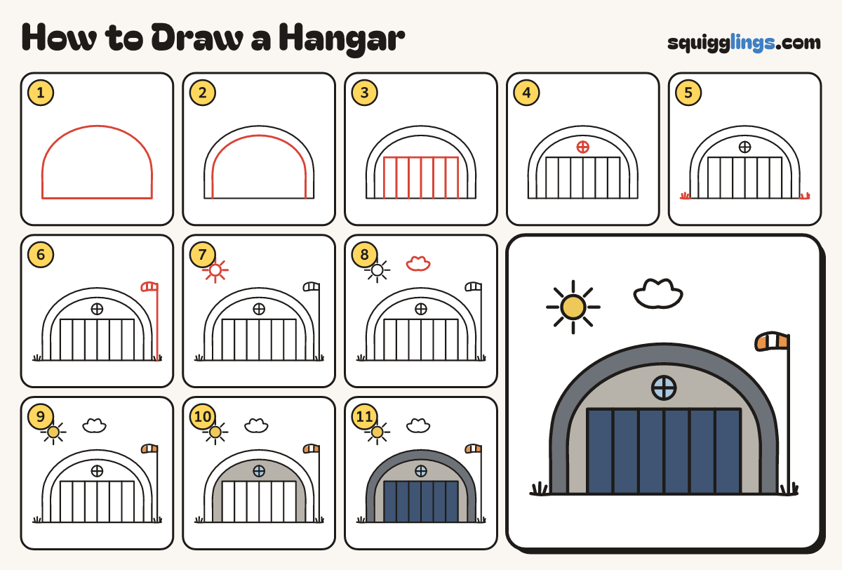 How to Draw a Hangar step by step: all 11 steps in one picture