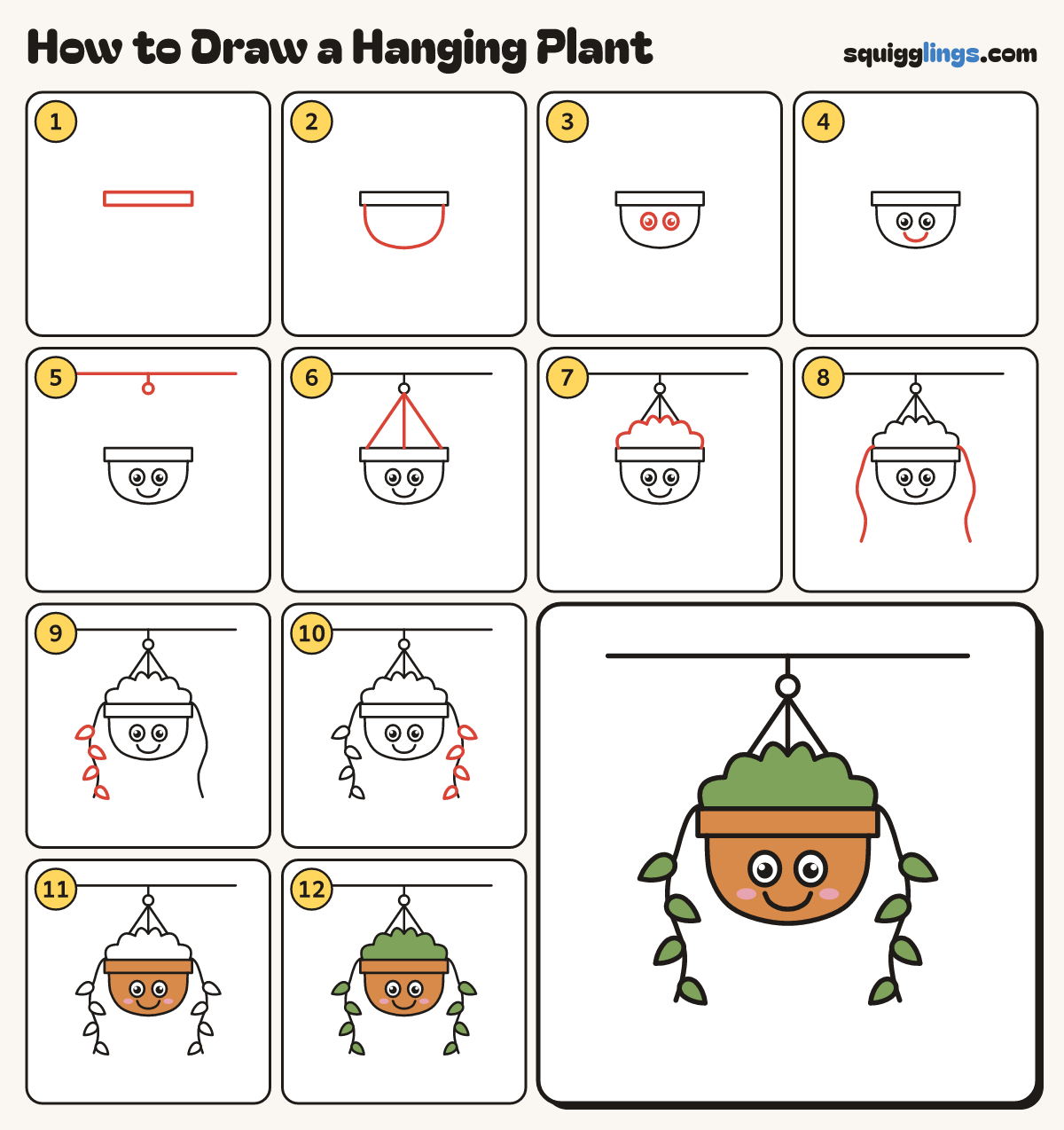 How to Draw a Hanging Plant step by step: all 12 steps in one picture